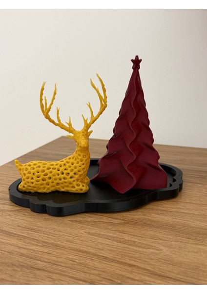 Yeni Yıl Temalı Dekor Seti – Modern Geyik ve Kıvrımlı Çam Ağacı Figürü (Kırmızı & Sarı) fiyatları