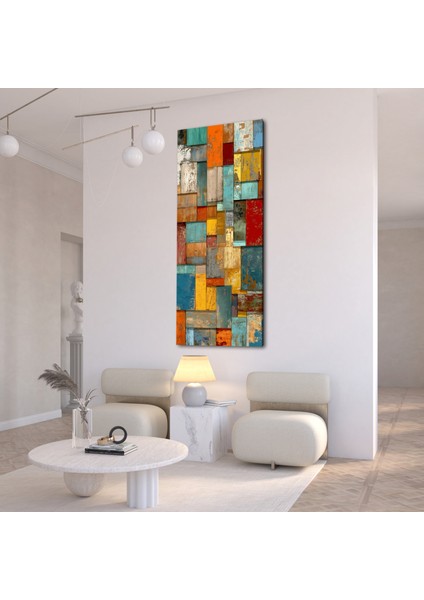 Panoramik Renkli Ahşap Desenli Soyut Kanvas Tablo – Dikey Modern Geometrik Duvar Dekoru