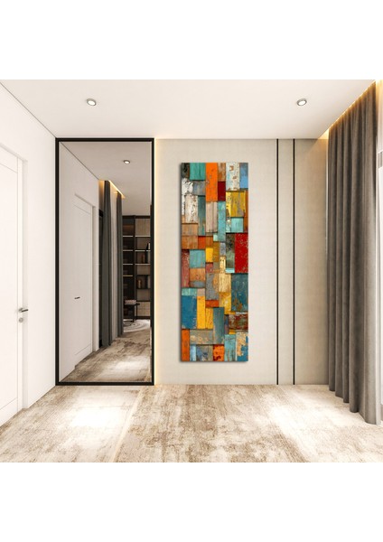 Panoramik Renkli Ahşap Desenli Soyut Kanvas Tablo – Dikey Modern Geometrik Duvar Dekoru fırsatları