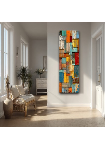 Panoramik Renkli Ahşap Desenli Soyut Kanvas Tablo – Dikey Modern Geometrik Duvar Dekoru