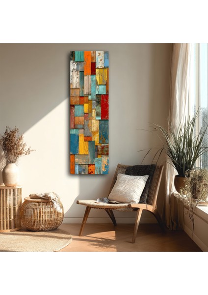 Panoramik Renkli Ahşap Desenli Soyut Kanvas Tablo – Dikey Modern Geometrik Duvar Dekoru
