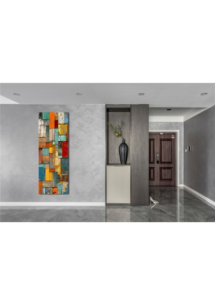 Panoramik Renkli Ahşap Desenli Soyut Kanvas Tablo – Dikey Modern Geometrik Duvar Dekoru