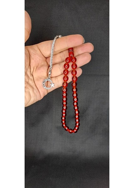 Çubuk Kehribar Tesbih Küre Kesim Kırmızı Renk T-327