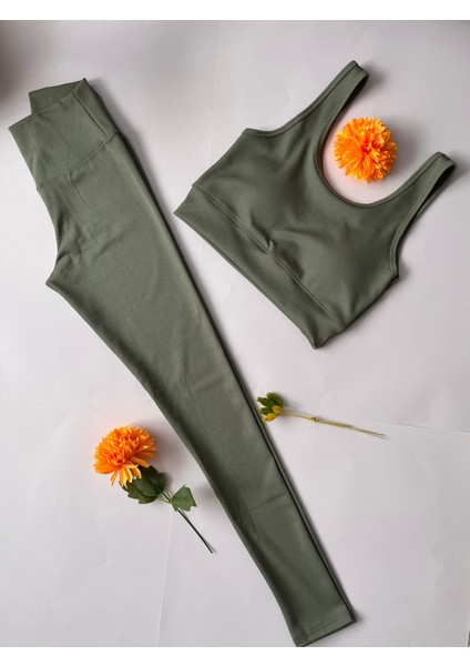 Kadın Spor Tayt Pedli Crop Büstiyer Kalın Askılı Fitilli Dalgıç Alt Üst Takım 2 'li Kota Yeşil Renk