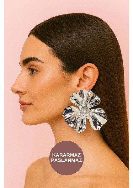 Antialerjik Kararmaz Suya Tere Dayanıklı Kadın Günlük Gece Için Inci Taneli Büyük Çiçek Çelik Küpe