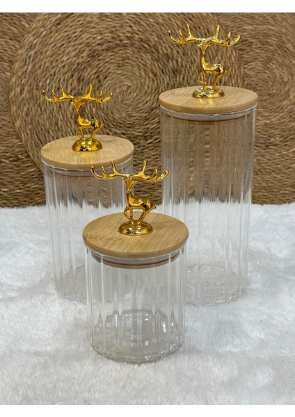 3’lü Geyik Kapaklı Vakumlu Baharatlık Seti – Cam Kavanoz Takımı