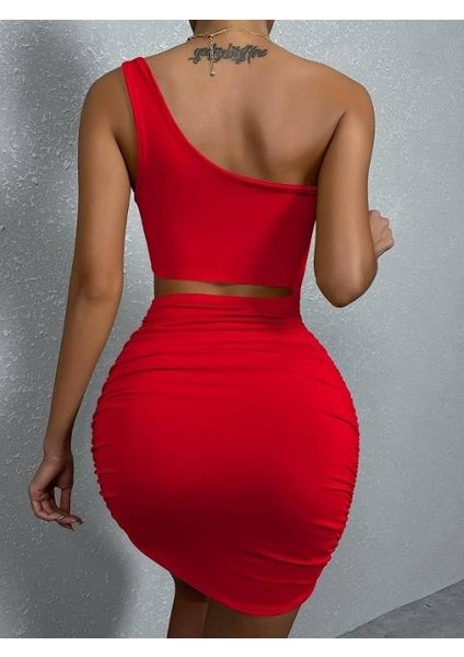 Tek Omuz Askılı Sırt Göbek Dekolteli Seksi Kadın Kırmızı Mini Elbise fiyatları