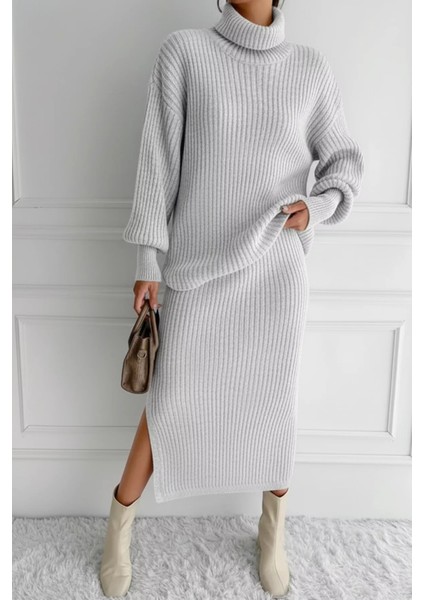 Kadın Tam Balıkçı Yaka Fitilli Triko Kazak Etek Ikili Takım P-00018936