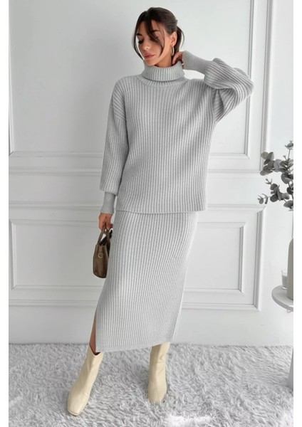 Kadın Tam Balıkçı Yaka Fitilli Triko Kazak Etek Ikili Takım P-00018936 fiyatları