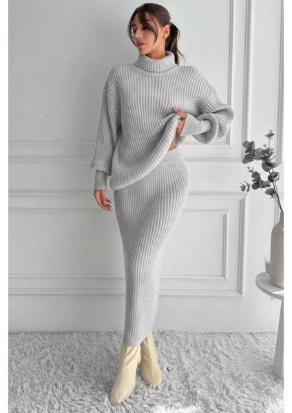 Kadın Tam Balıkçı Yaka Fitilli Triko Kazak Etek Ikili Takım P-00018936 fırsatları