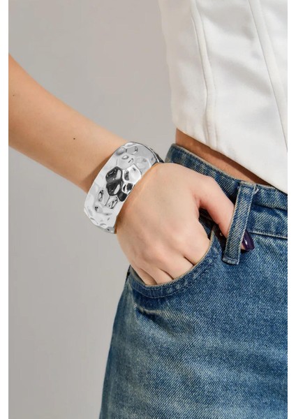 Dövme Dokulu Parlak Gümüş Cuff Bileklik indirimleri