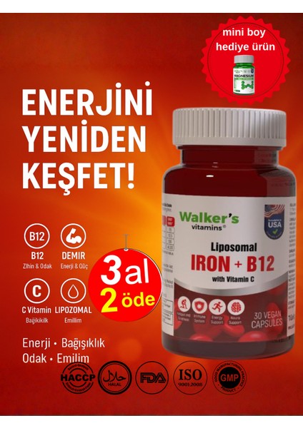 Lipozomal B12 Demir C Vitamini Methylcobalamin ( Metilkobalamin ) 30 Enerji Kapsül