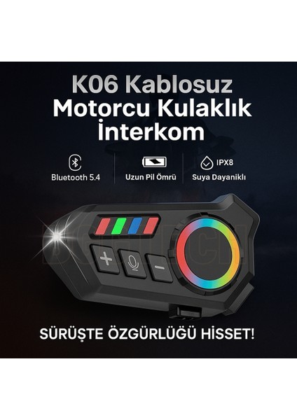 K06 Fenerli Motorcu Intercom Kablosuz Bluetooth 5.4, Ipx8 Su Geçirmez, Uzun Pil Ömrü Interkom