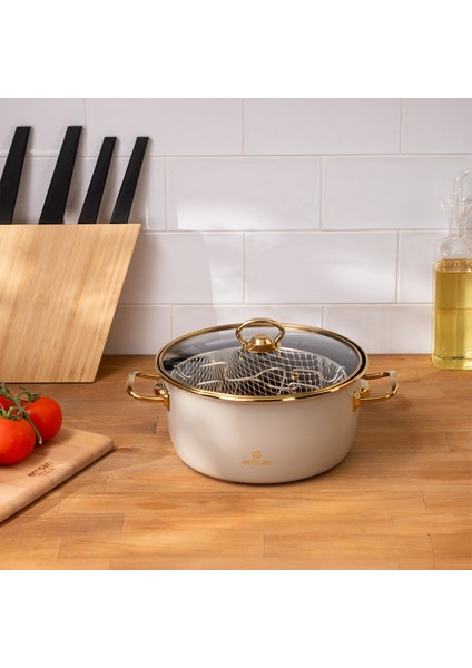 Retro Emaye Kızartma Tenceresi Bej