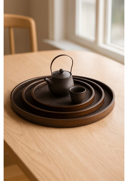 3'lü Lüks Bambu Kaydırmaz Yuvarlak Çay & Kahve Sunum Seti – Şık ve Kullanışlı