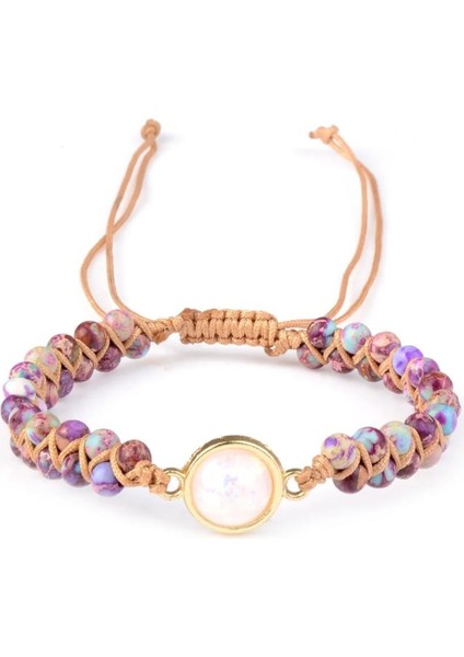 Doğal Taşlı Opal Merkezli Mor-Turkuaz Boncuklu Makrome Bileklik – Ayarlanabilir El Yapımı Kadın Bileklik