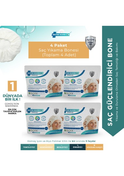 Gümüş Iyonlu Saç Yıkama Bonesi 4’lü – Durulama Gerektirmez, Hasta ve Yatalak Bakım
