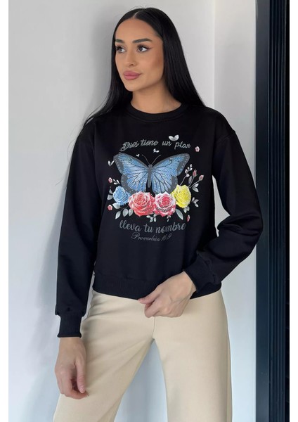 Kadın Bisiklet Yaka Kelebek Baskılı Taş Işlemeli Sweatshirt P-00018830