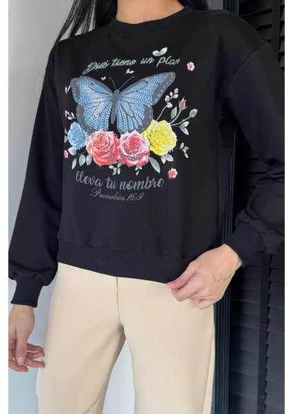 Kadın Bisiklet Yaka Kelebek Baskılı Taş Işlemeli Sweatshirt P-00018830 fiyatları