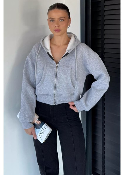 Kadın Kapüşonlu Şardonlu Ön Fermuarlı Crop Top Sweatshirt P-00018833