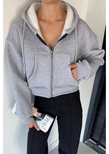 Kadın Kapüşonlu Şardonlu Ön Fermuarlı Crop Top Sweatshirt P-00018833 fiyatları