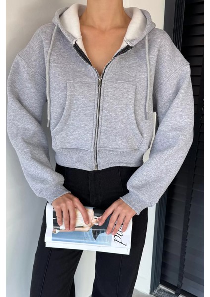 Kadın Kapüşonlu Şardonlu Ön Fermuarlı Crop Top Sweatshirt P-00018833 modelleri