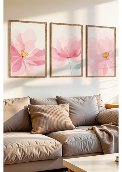 3 Parça Pembe Çiçek Temalı Ahşap Çerçeve Görünümlü Mdf Tablo Seti