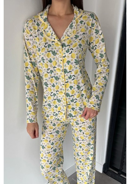 Kadın Ön Düğmeli Desenli Uzun Kol Pijama Takımı P-00018724 fiyatları