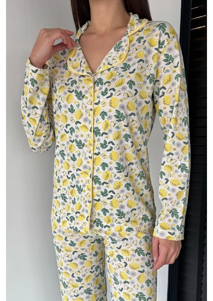 Kadın Ön Düğmeli Desenli Uzun Kol Pijama Takımı P-00018724 modelleri