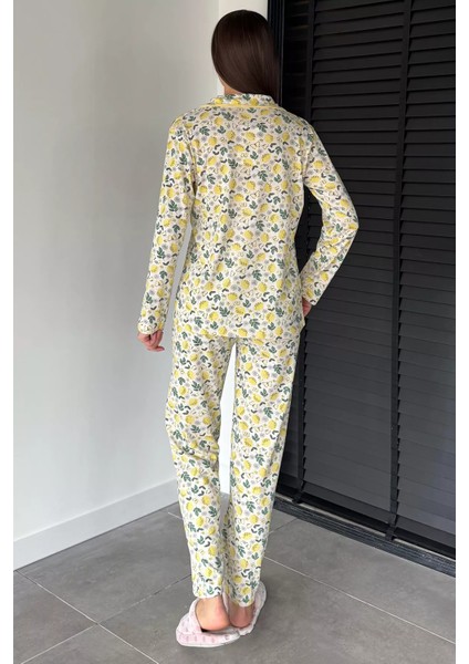 Kadın Ön Düğmeli Desenli Uzun Kol Pijama Takımı P-00018724 fırsatları