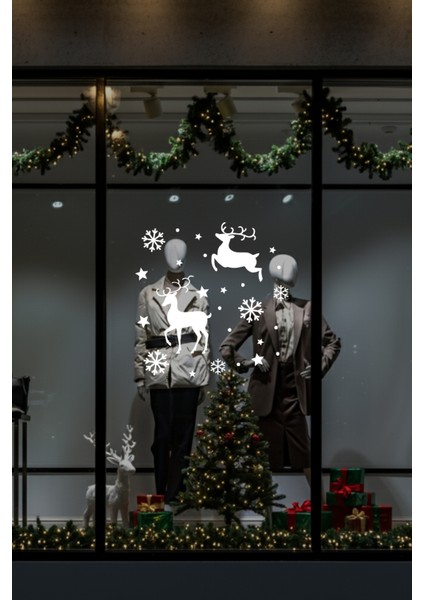 Yılbaşı Süslemeleri Geyik Yıldız Kar Tanesi Vitrin Düzenlemesi - Beyaz indirimleri