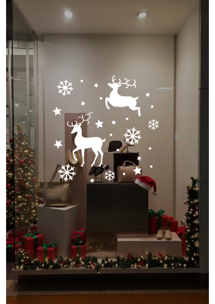 Yılbaşı Süslemeleri Geyik Yıldız Kar Tanesi Vitrin Düzenlemesi - Beyaz