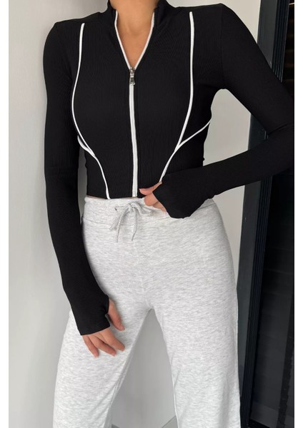Kadın Şerit Detaylı Ön Fermuarlı Likralı Crop Top Bluz P-00018736