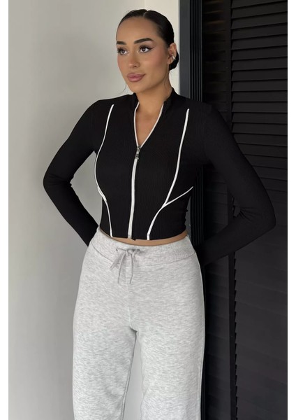 Kadın Şerit Detaylı Ön Fermuarlı Likralı Crop Top Bluz P-00018736 fiyatları