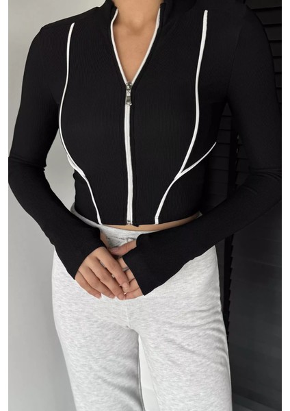 Kadın Şerit Detaylı Ön Fermuarlı Likralı Crop Top Bluz P-00018736 modelleri