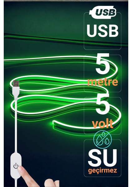 5V USB Neon LED Şerit 5 Metre Yeşil | Silikonlu Su Geçirmez Esnek Aydınlatma