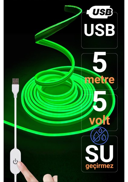5V USB Neon LED Şerit 5 Metre Yeşil | Silikonlu Su Geçirmez Esnek Aydınlatma modelleri