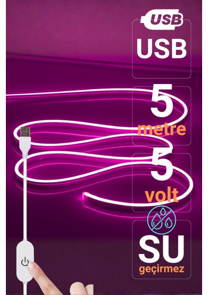 5V USB Neon LED Şerit 5 Metre Mor | Silikonlu Su Geçirmez Esnek Aydınlatma fiyatları