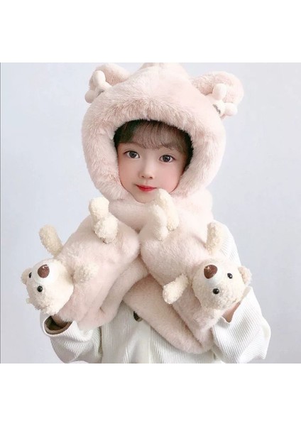 Çocuk Şapka Atkı Eldiven Üçlü Kışlık Kadın Bebek Için Yünlü Kalınlaştırılmış Tek Parça Erkek Bebek Rüzgar Geçirmez Şapka (Yurt Dışından)