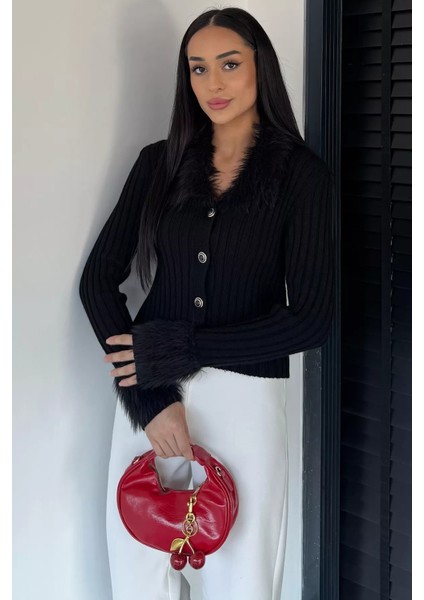 Kadın Yaka ve Bilek Peluşlu Triko Hırka P-00018843