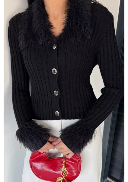 Kadın Yaka ve Bilek Peluşlu Triko Hırka P-00018843 fiyatları