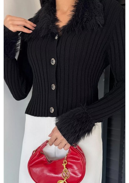 Kadın Yaka ve Bilek Peluşlu Triko Hırka P-00018843 modelleri