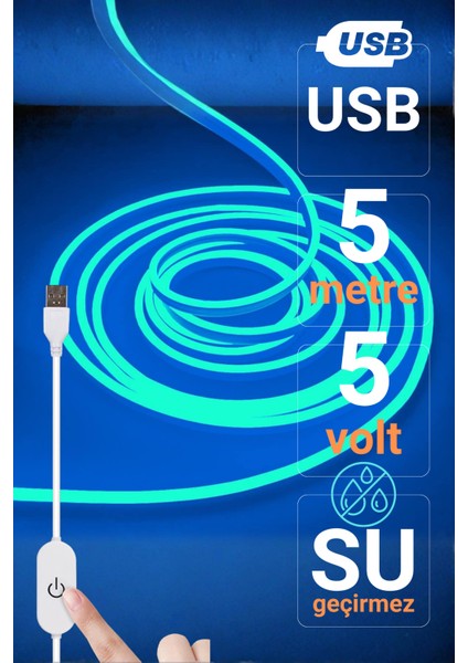 5V USB Neon LED Şerit 5 Metre Buz Mavisi | Silikonlu Su Geçirmez Esnek Aydınlatma