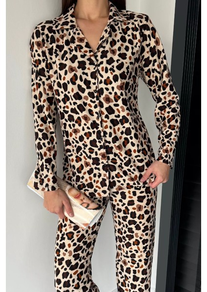 Kadın Ön Düğmeli Leopar Desenli Uzun Kol Pijama Takımı P-00018751 fiyatları