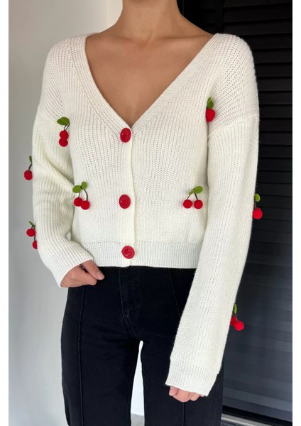 Kiraz Aksesuarlı Kadın Triko Hırka ( S,m,l Uyumludur) P-00018839