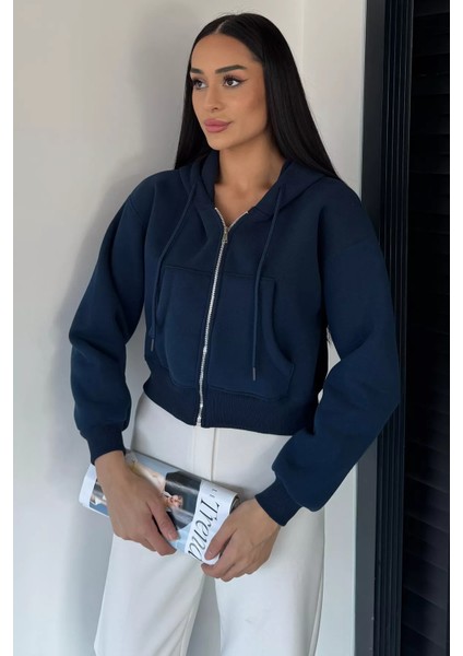 Kadın Kapüşonlu Şardonlu Ön Fermuarlı Crop Top Sweatshirt P-00018833