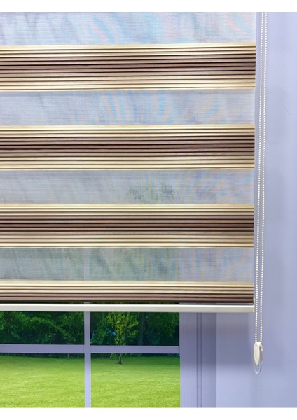 Geniş Piliseli Zebra Stor Perde - Bej Krem Kahverengi Renk Geçişli fırsatları