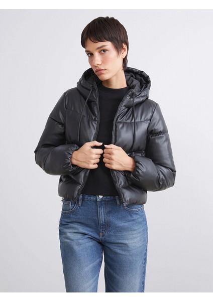 Lcw Vision Siyah Kadın Kapüşonlu Düz Şişme Mont