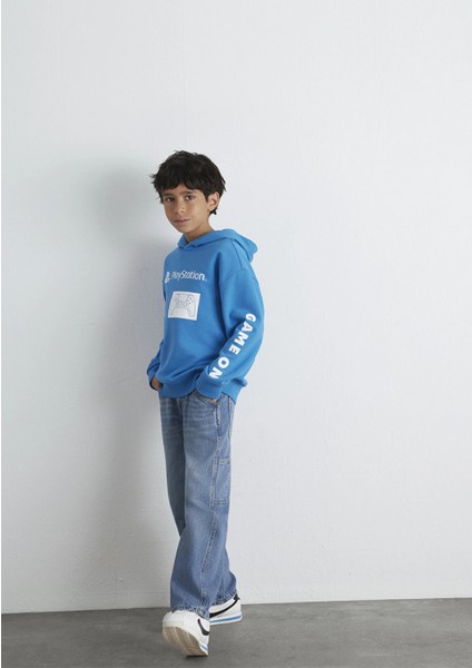 6S10131-70772 Playstation Baskılı Kapüşonlu Mavi Sweatshirt​ modelleri