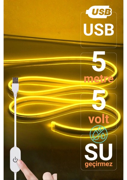 5V USB Neon LED Şerit 5 Metre Amber | Silikonlu Su Geçirmez Esnek Aydınlatma modelleri
